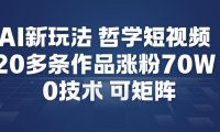 AI新玩法哲学短视频制作教学,20多条作品涨粉70W,0成本赛道,可矩阵